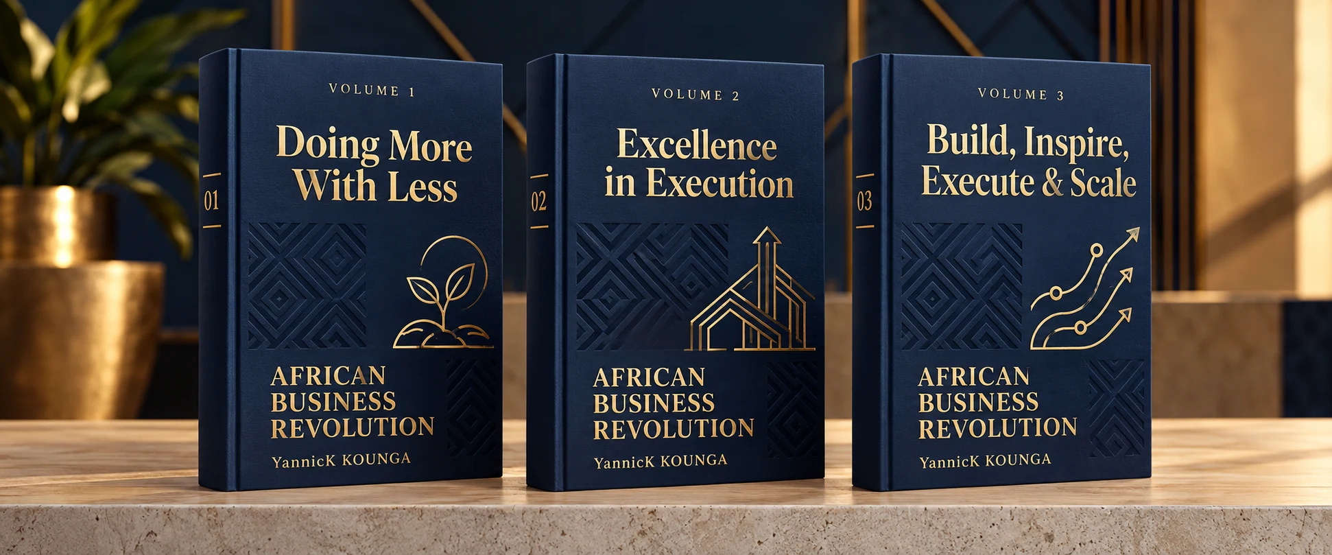 Three navy and gold African Business Revolution book concepts: Doing More With Less, Excellence in Execution, and Build, Inspire, Execute & Scale.